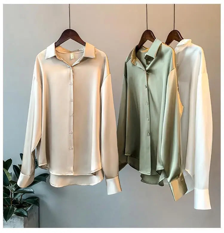 1pcs Woman Spring Autumn Satin Shirt Lady Long Sleeve Lapel Blouses Cardigans Elegance Sweet Casual Coats Girl Sunscreen Top
