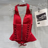 DEAT 2026 Summer New Sexy Hot Girl V-neck Backless Bandage Bowknot Fishbone Halter Top Red Mini Skirt For Women 11B1198