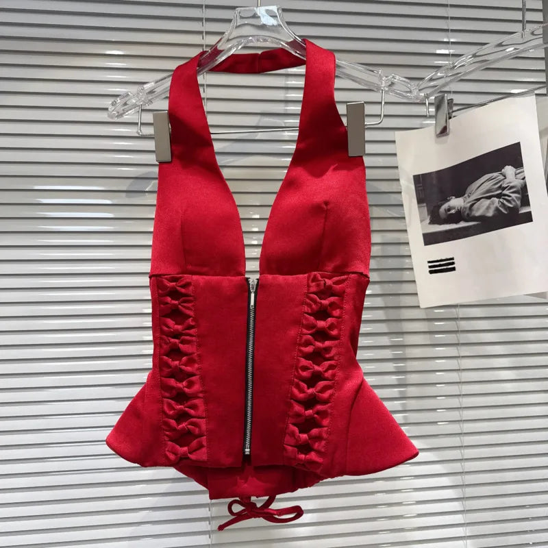 DEAT 2026 Summer New Sexy Hot Girl V-neck Backless Bandage Bowknot Fishbone Halter Top Red Mini Skirt For Women 11B1198