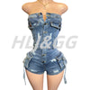 HLJ&GG Blauer sexy Denim Pocket Cargo Bodycon Romper Damen schulterfrei ärmellos rückenfrei schmaler Jumpsuit Fashion Cowboy Playsuit