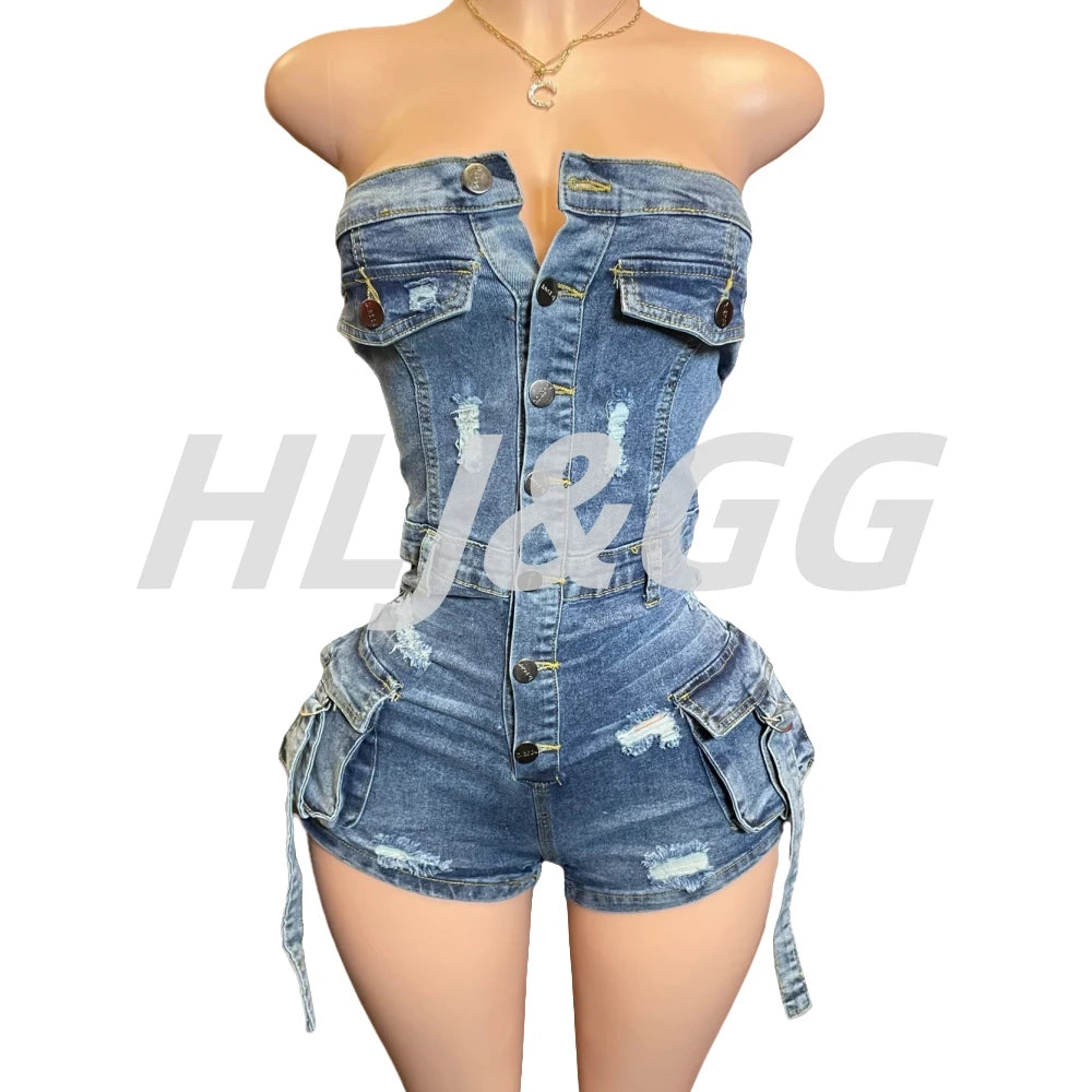 HLJ&GG Blauer sexy Denim Pocket Cargo Bodycon Romper Damen schulterfrei ärmellos rückenfrei schmaler Jumpsuit Fashion Cowboy Playsuit