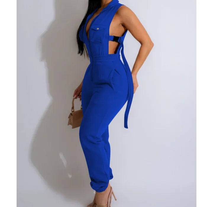 Jumpsuits für Damen 2024 Sommer Sexy Spicy Girl Seitenknopf Reißverschluss Ärmellos 4 Taschen Jumpsuit Streetwear Fashion Overalls