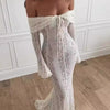 Mozision Blumen-Spitzen-Off-Shoulder Maxikleid für Damen, weiß, trägerlos, rückenfrei, langärmlig, Bodycon, Club, Party, sexy langes Kleid