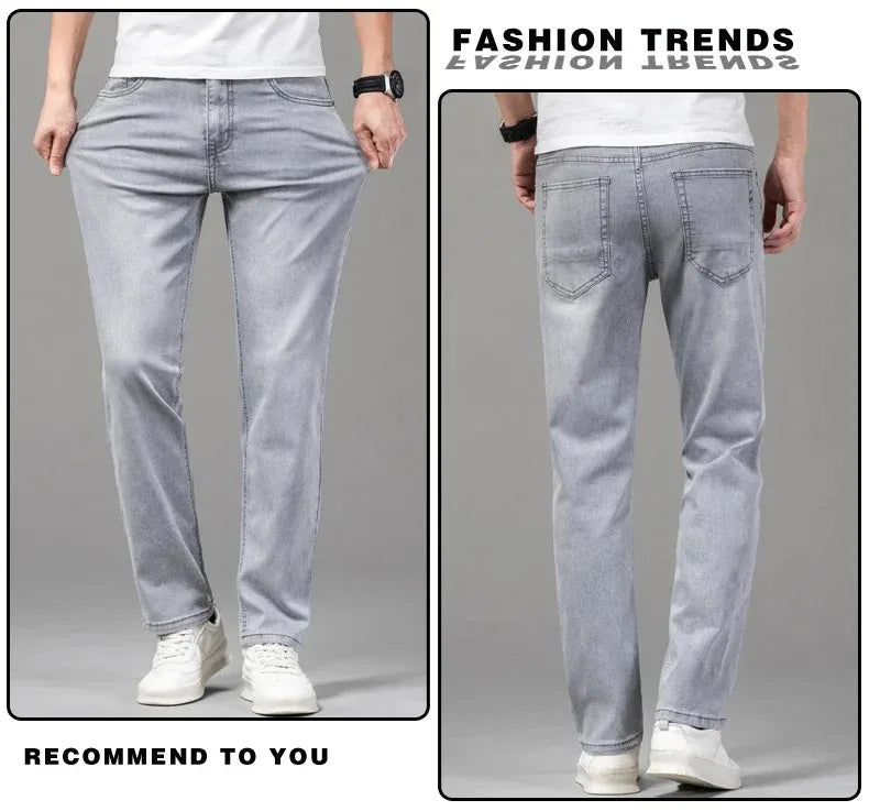 Sommer elastische Herrenjeans Mode Grau Bequeme Business Straight Stretch Baumwolle Casual Denim Hose Marke Männliche Dünne Hosen