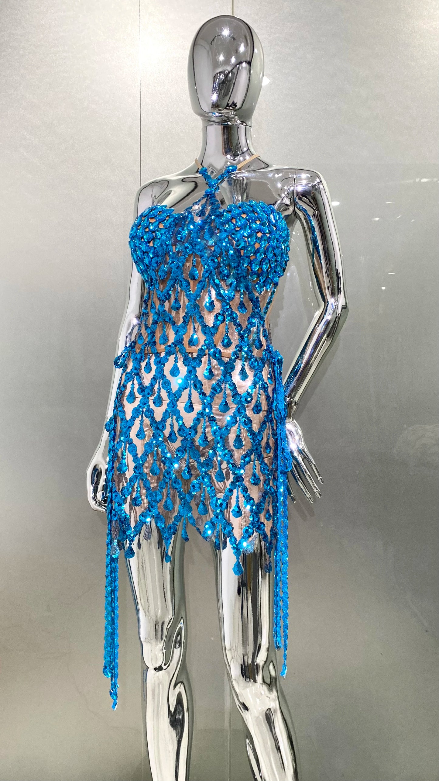 Blue Sequins Shining Diamonds Long Tassel Sleeveless Mini Dress 2 Pieces High Quality Birthday Party Outfit Performances Costume