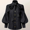 Gymystars Neue Trendige Imitation Jeans Blusenoberteile für Damen, lange Puffärmel, Schleifenverzierung, hoher Hals, Damen Herbsthemden