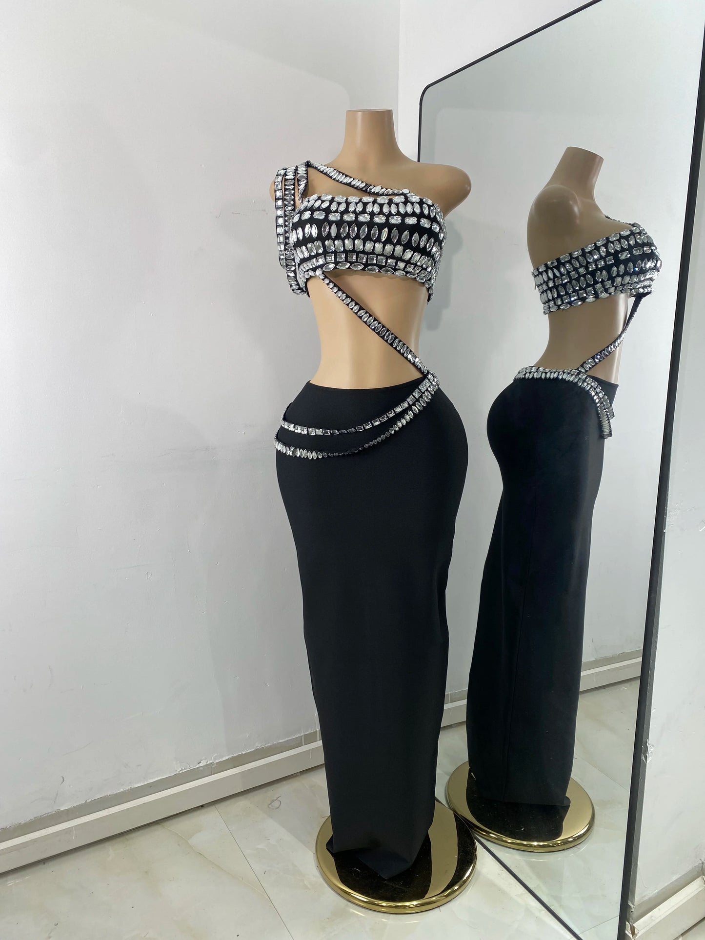 Luxus Kristall Diamanten Top Rock Zweiteiler Damen Bandage Sets Weiß Schwarz Gestrickt Celebrity Abend Geburtstag Party Outfit