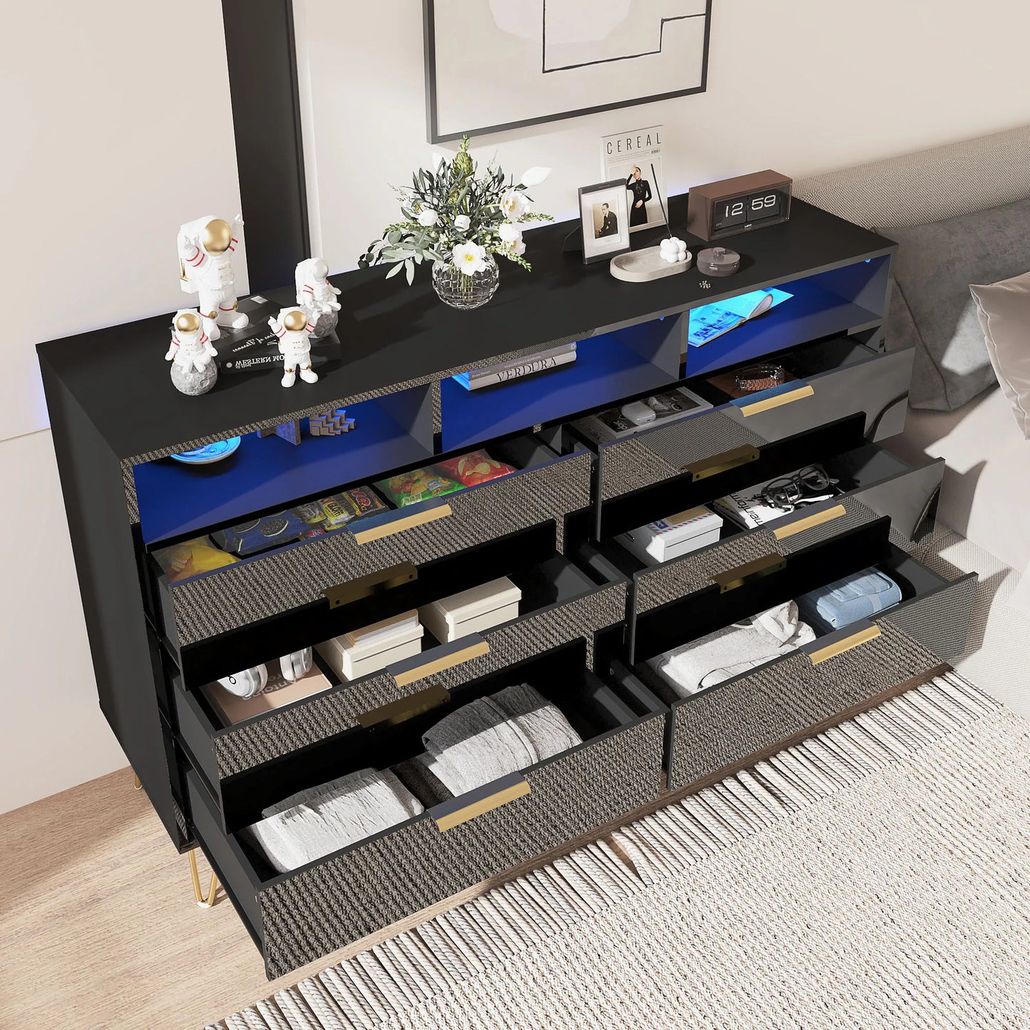 Kommode mit 6 Schubladen für Schlafzimmer mit LED-Beleuchtung, Hochglanz-Kommode mit Metallfüßen, moderner Holzschrank-Aufbewahrungsorganisator