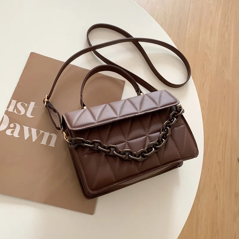 Solid Plaid Crossbody Bags For Women, Chain Decor Fashion Shoulder Bag Ladies Handbag For Daily Used