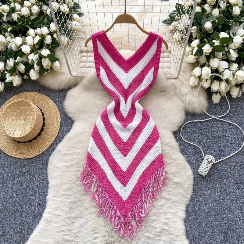 Joskaa 2025 Women's Striped Patchwork Knitted V-Neck Sleeveless Bodycon Asymmetric Fringe Hem Dress Holiday Beach Streetwear