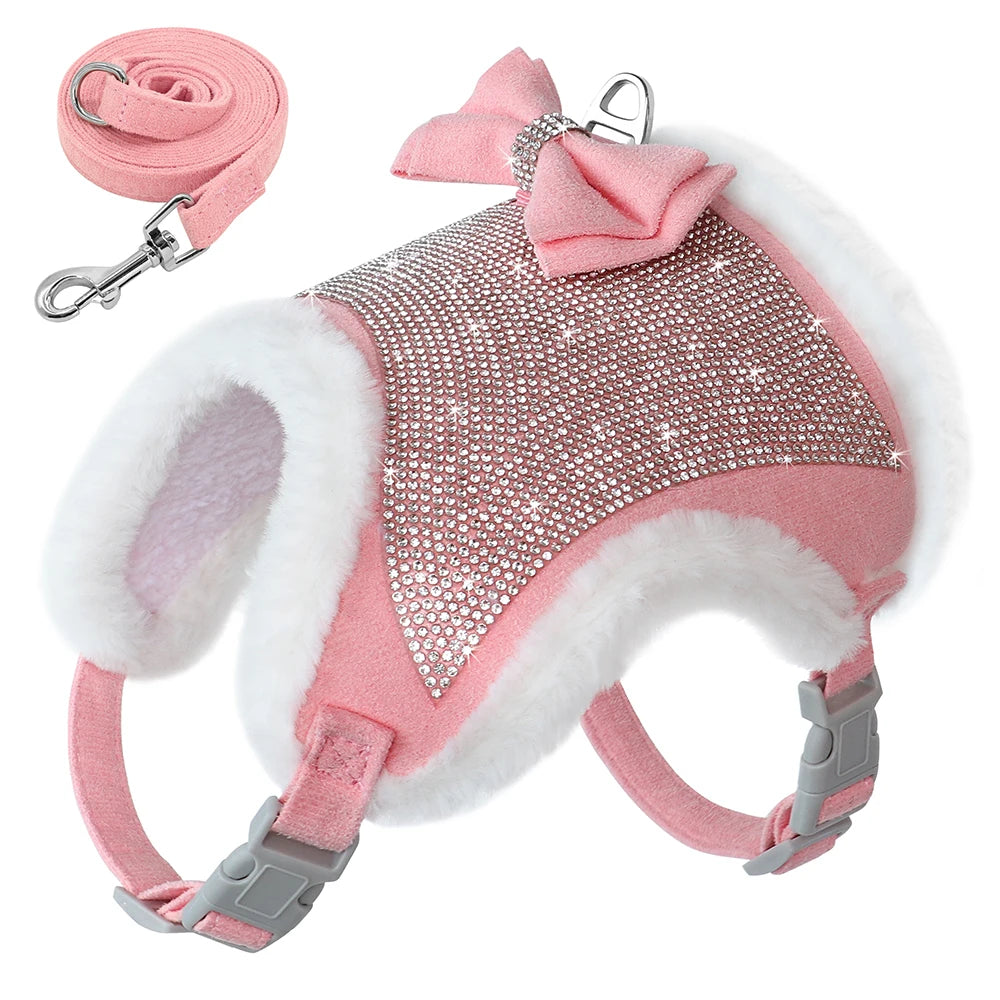 Hundegeschirr und Leine-Set mit Strass, weiches, warmes Haustiergeschirr, Weste, Hunde-Schleifengeschirr, verstellbar für Chihuahua, Hunde, Katzen