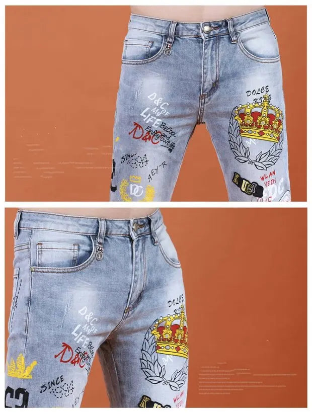 Fashion Printed Jeans Men's Korean Brand Embroidery Badge Pattern Youth Ripped Small Feet Teenagers Cowboy Pencil Pants