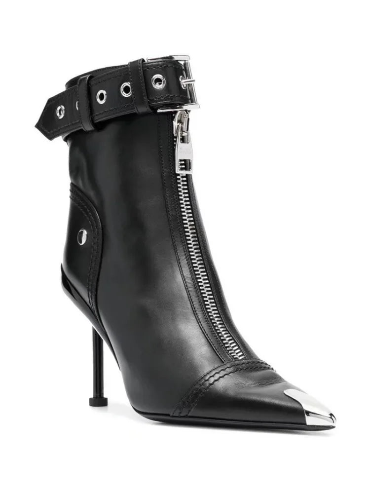 Gürtelschnalle Reißverschluss vorne Modenschau Stiefeletten Damen Herbst Winter Neu Spitz Metallverzierung Rote High Heels Ankle Boots
