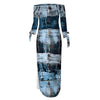 Denim Retro Print Long Sleeve Slim Fit Elegant Casual Slit One-Shoulder Neck Dress
