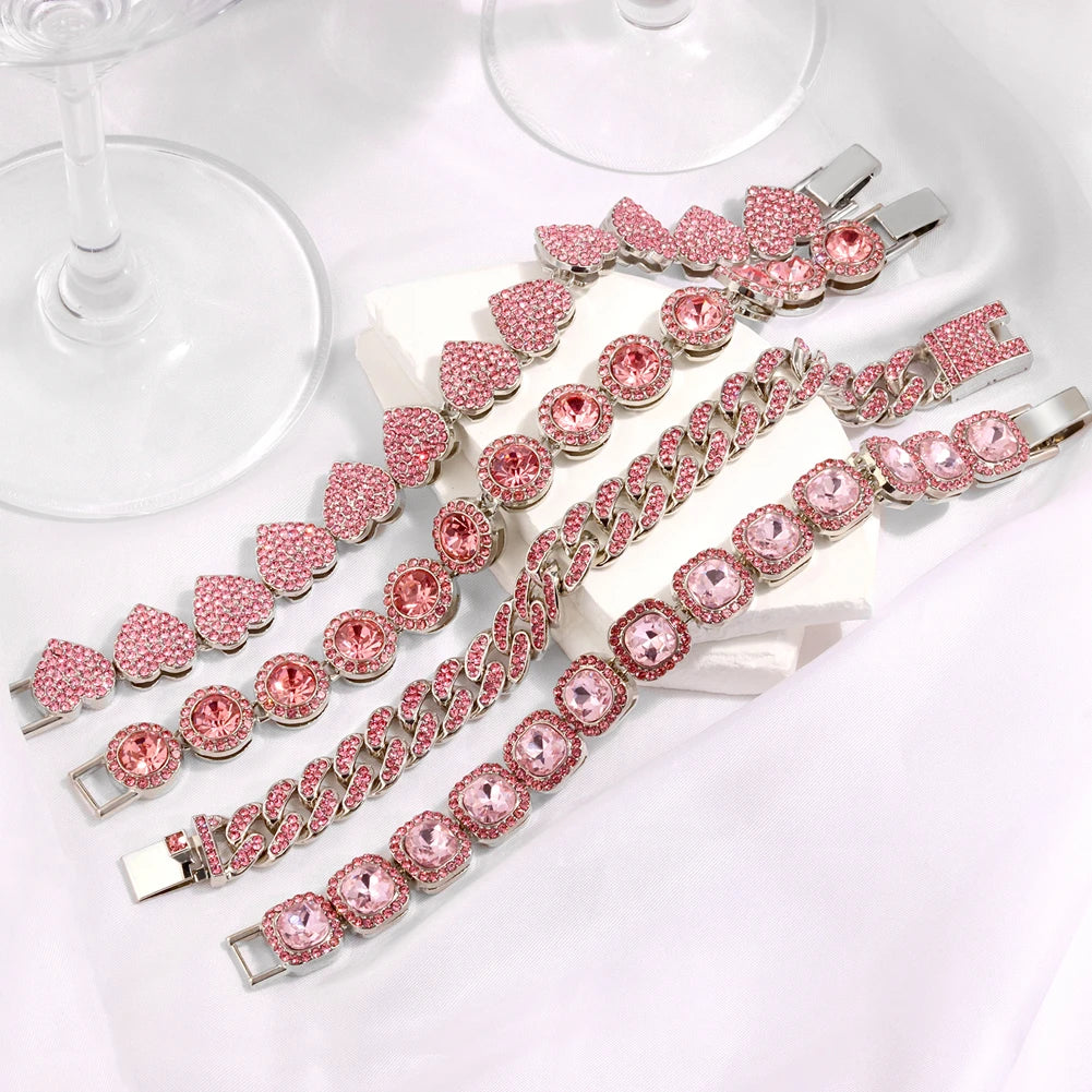 Iced Out Pink Cuban Armband für Frauen Hip Hop Gold Silber Farbe Kristall Herz Kreis Quadrat Armband 4Pcs Set Schmuck Geschenk
