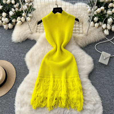Chic Elastic Knit tassel O Neck Women Elegant Korean Fashion Vestidos Summer A-line Wrap mini dress