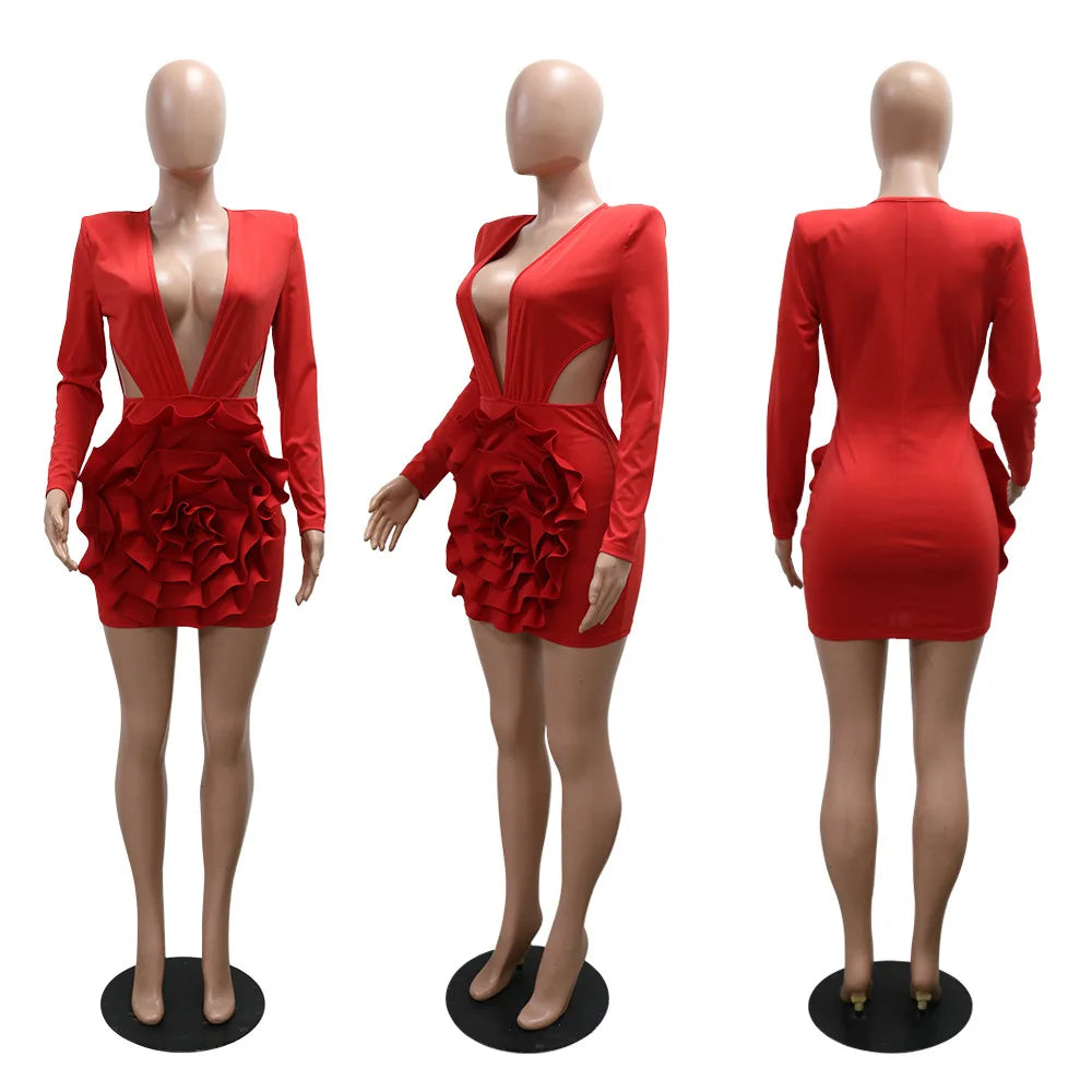 CM.YAYA Women Rose Floral Applique Long Sleeve Bodycon Mini Midi Dress Winter V-neck Club Sexy Party Evening Dresses Vestidos