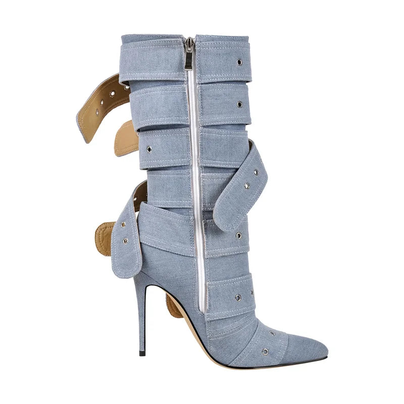 Onlymaker Women Pointed Toe Mid-Calf Boots Buckle Strap Thin High Heel Lady Zipper Female  Stiletto Boots