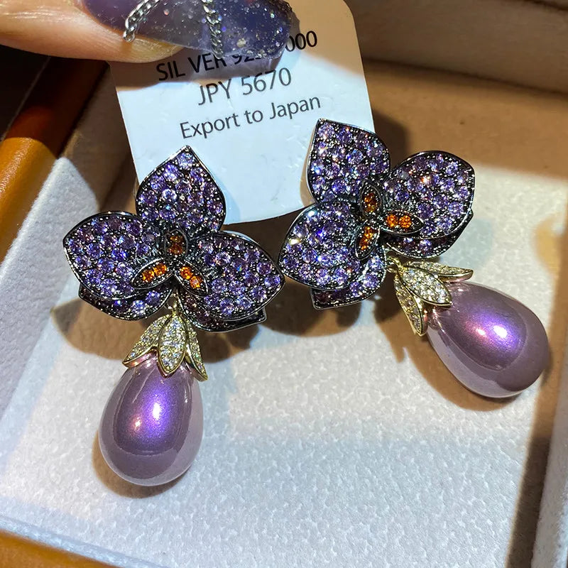 Fashion temperament Luxury elegance Black flower zircon pearl earrings