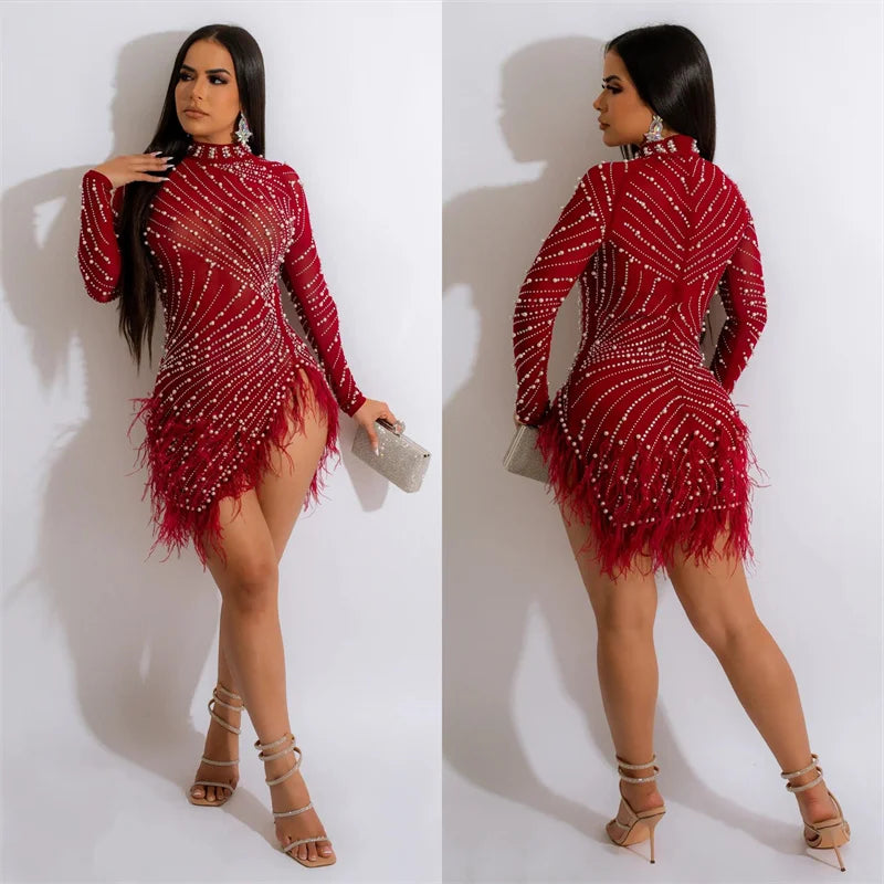 Sexy Perlen Strass Partykleider Damen Eleganz Nachtclub Feder Geburtstagskleid Langarm Mesh Sheer Bodycon Minikleid