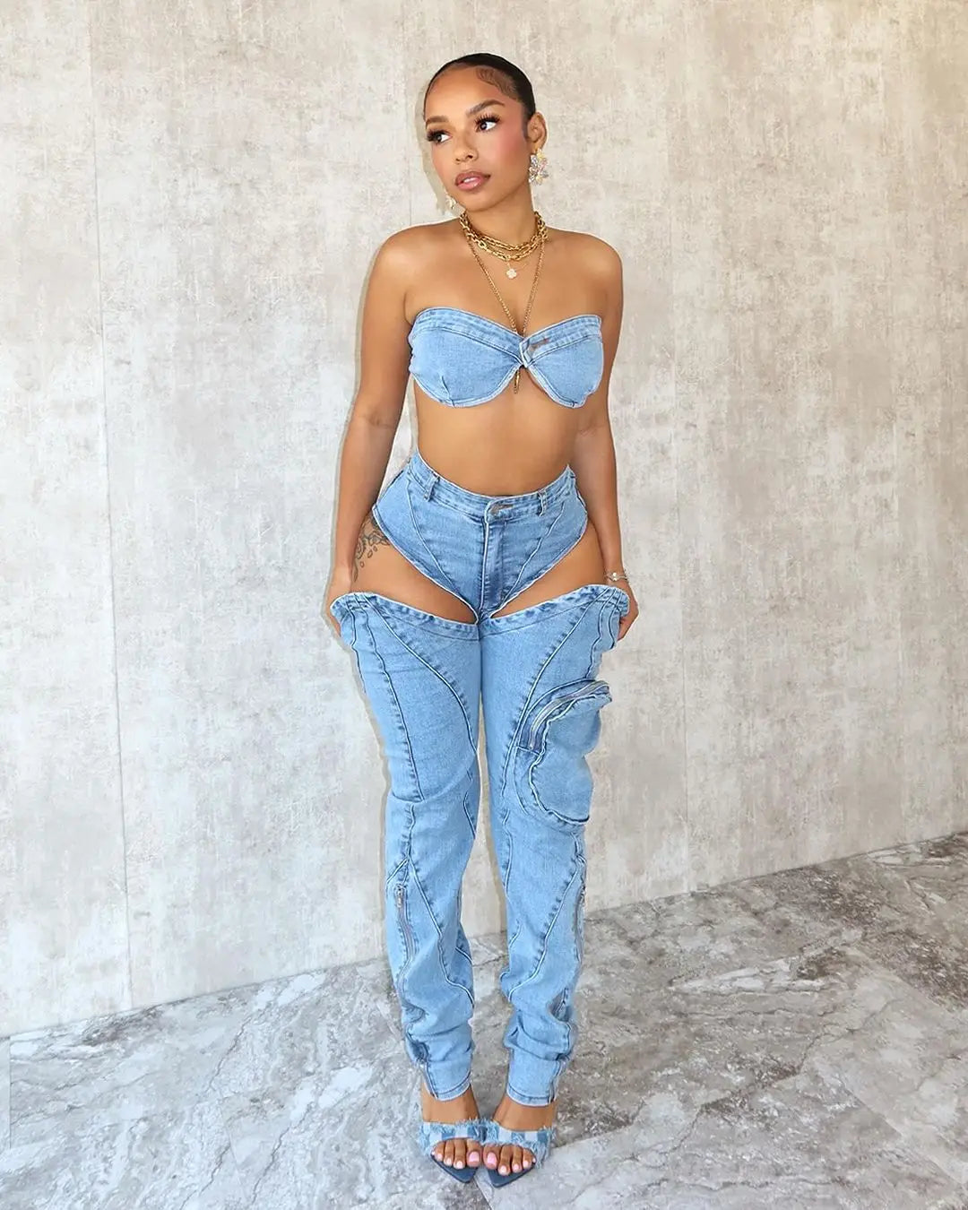 Jeans-Sets für Damen 2024 Sexy Streetwear Zweiteilige Outfits Brustwickel Ärmelloses, rückenfreies Top Ausgeschnittene Jeans