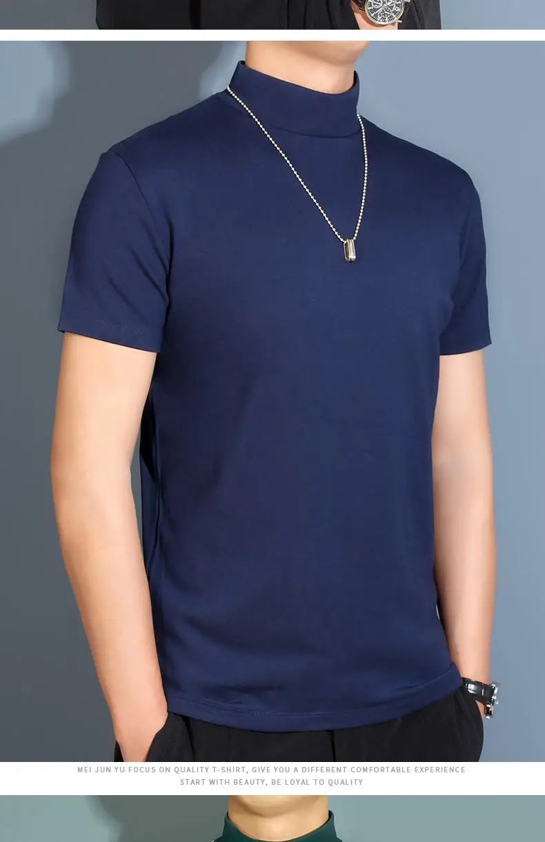 Men's Modal High Neck Short Sleeve T-Shirt Bottoming Shirt Silk Model Golf Wear Luxury Clothing Men's T-Shirt Bottoming Shirt