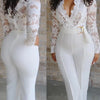 Sexy Deep V-neck Solid Jumpsuit Elegant Office Lady Hollow Lace Long Sleeved Slim Belt Jumpsuit Autumn Commuting Women Clothing