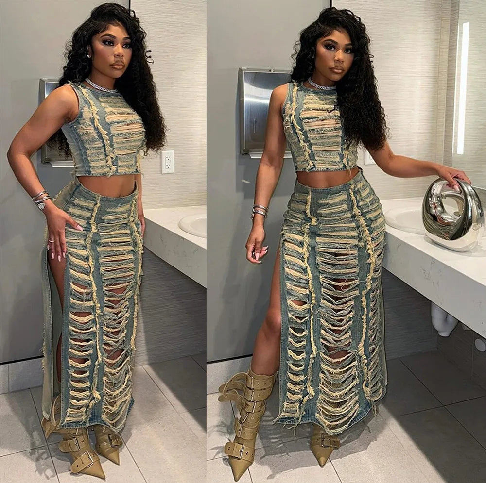 FAGADOER Fashion Streetwear Women Denim Hole Hollow Sleeveless Crop Top And Side Slit Skirts Two Piece Sets Sexy Cowboy Outfits