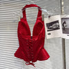 DEAT 2026 Summer New Sexy Hot Girl V-neck Backless Bandage Bowknot Fishbone Halter Top Red Mini Skirt For Women 11B1198