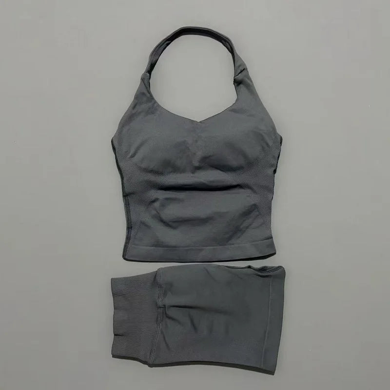 2 Pieces Sports Set Women Backless Halter Tops High Waist Seamless Hight Stretch Shorts Gym Suit Sportswear Workout Sets