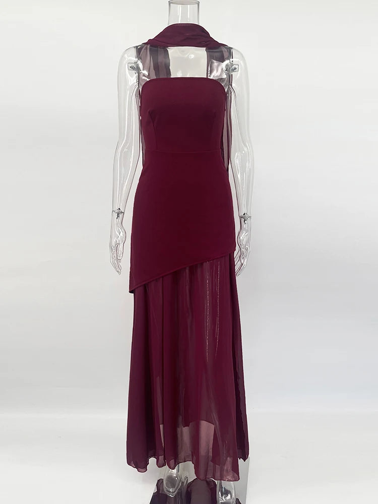 TARUXY Mode Trägerloses Kleid mit Band Frauen Elegantes Ärmelloses Mesh Strand Urlaub Langes Kleid Frühling 2025 Neues Damenkleid
