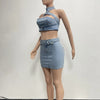 Denim Dress Sets Mini Wrap Buttocks Dress Slim Sheath Solid Two Pieces Sashes Sexy Pullover Tops Washed High Street Spliced