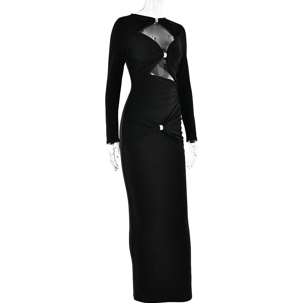 Articat Sexy Hohl Saum Langarm Elastisches Enges Kleid Damen Falten Doppellagig Weibliche Vestidos Elegantes Party Abendkleid