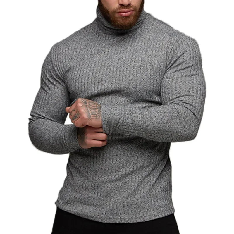 Spring Autumn Classic Black Ribbed Knit Roll Neck Jumper Mens New Fashion Slim Fit Thin Turtleneck Pullover Knitwear Sweaters