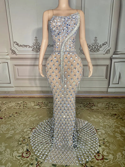 Charming Bright Crystal Dress Sexy Luxury Beaded Rhinestone Tulle Evening Dress Prom Party Dress Noble Wedding Wedding Dress