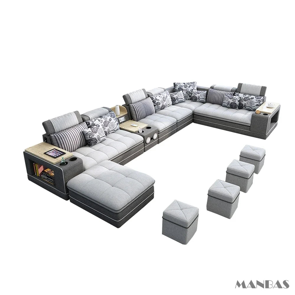 MINGDIBAO Nordische Stoff-Sofagarnitur mit Bluetooth-Lautsprecher & USB – Modernes Modulares Wohnzimmer-Sofa, Großes U-förmiges Ecksofa aus Stoff