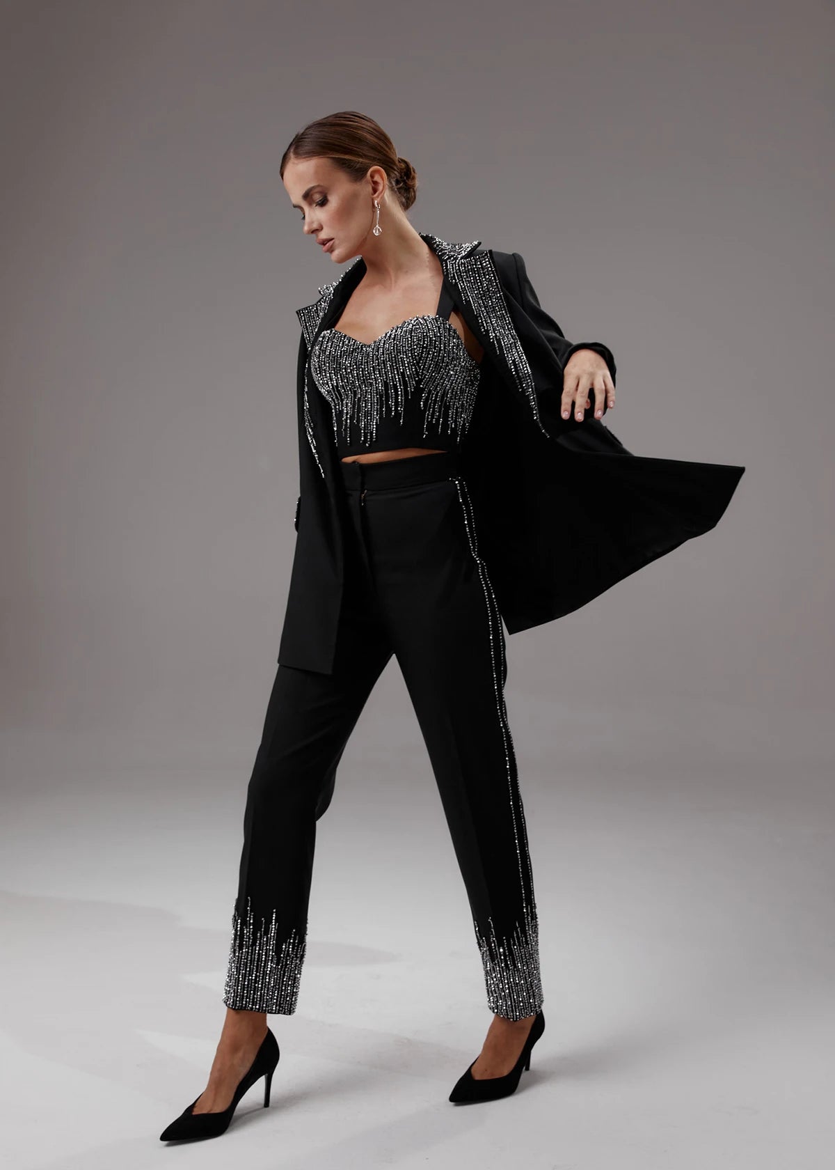 Customize Black Sequins Women Pants Suits Slim Fit Girls Blazer Set 3 Pieces Custom Made Jacket For Lady Party Prom Wedding Wear