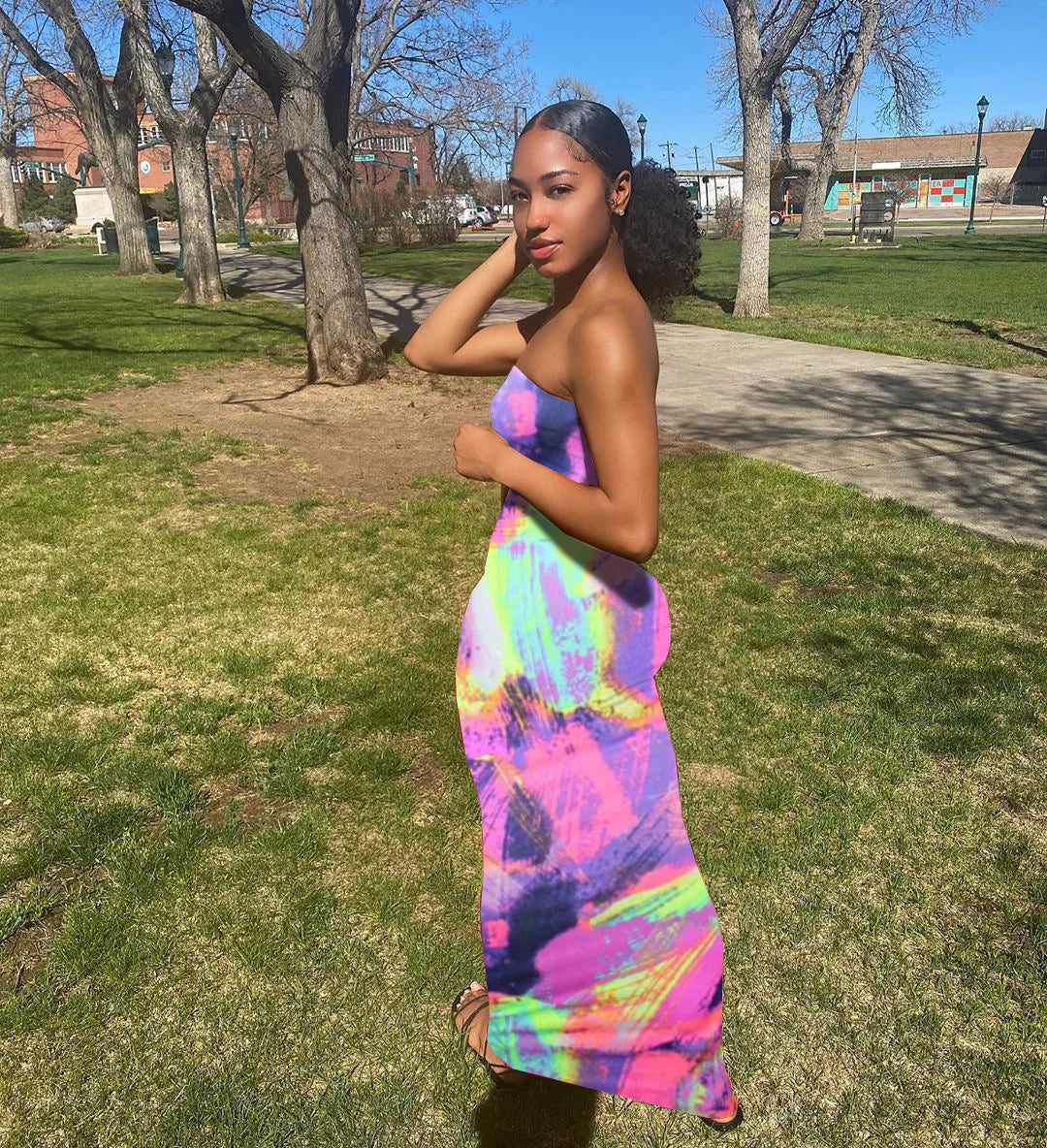 Spring/Summer Women's Colorful Tie Dye Print Off Shoulder Wrapped Chest Dress