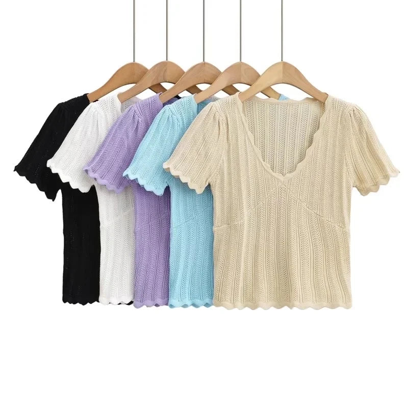 Damen V-Ausschnitt gestricktes Häkel-T-Shirt mit