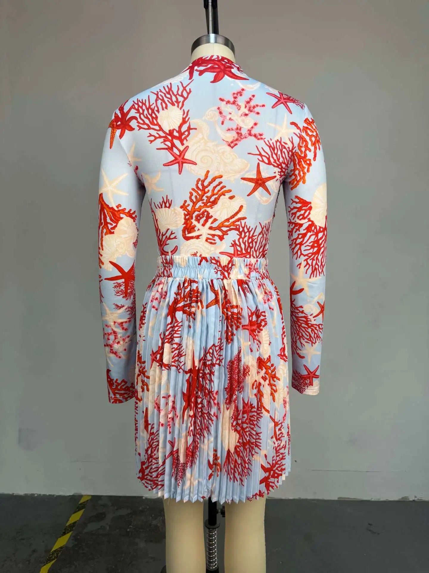 Women Two Piece Sets Shorts Skirt Set Full Sleeve Print Top Short Skirts A Line Pleated High Waist Y2k Streetwear Elegant Autumn