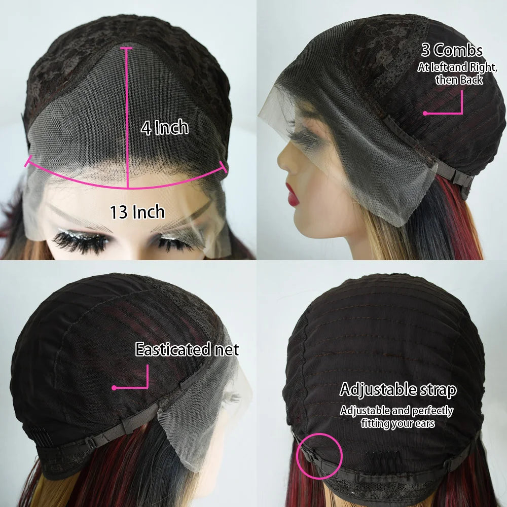99J Burgundy Red Layered Lace Front Wig With Bangs Bone Straight Synthetic Lace Frontal Wigs 13x4 HD Glueless PrePlucked Cosplay