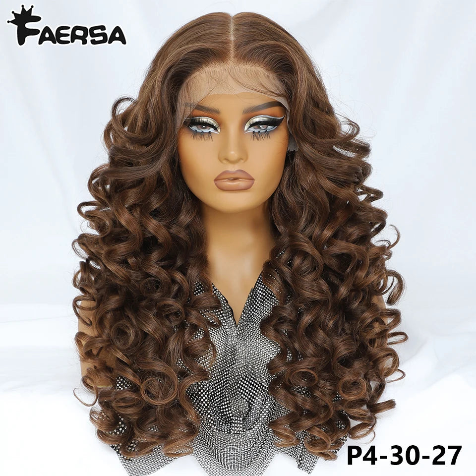 Latisha 13X6 HD Synthetische Spitzenfrontperücke lockig vorgezupfte Lace-Frontal-Perücke mit Pony für Damen, Highlights mit Babyhaar, 24 Zoll