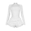 BWQ Women Long Sleeve Lace Ruffles Ruched High Waist Short Jumpsuit Streetwear Backless Street One Piece Romper Playsuit