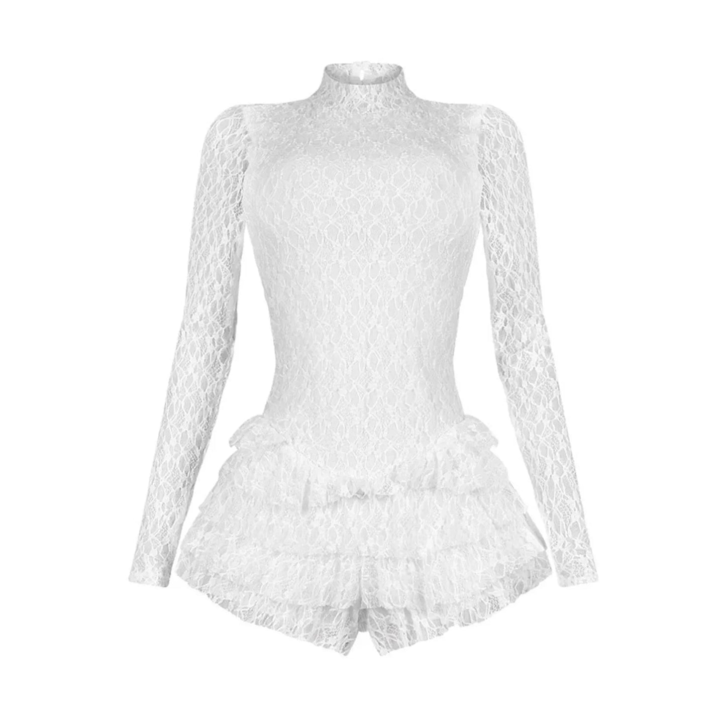 BWQ Women Long Sleeve Lace Ruffles Ruched High Waist Short Jumpsuit Streetwear Backless Street One Piece Romper Playsuit