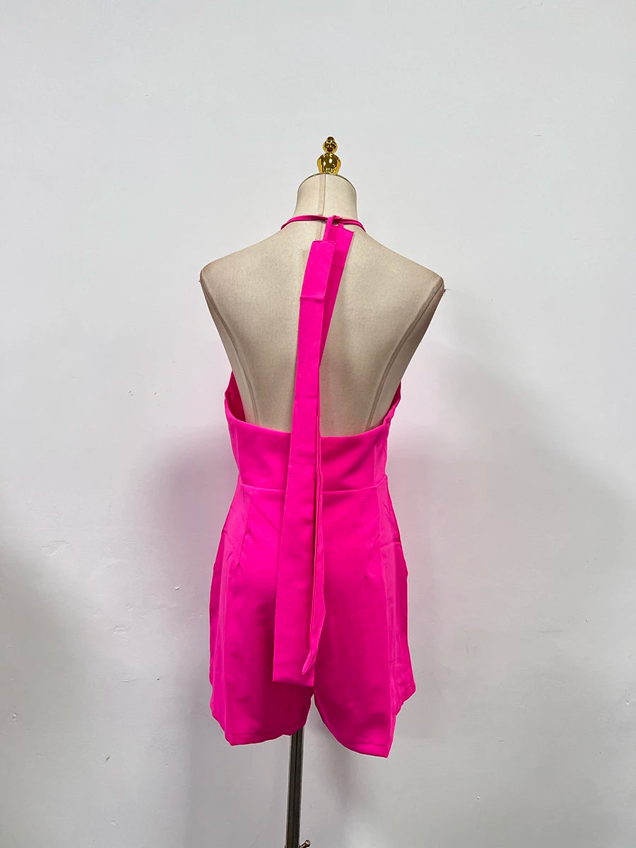 TWOTWINSTYLE Solid Office Playsuit for Women Halter Sleeveless High Waist Patchwork Bandage Backless Playsuits Female Fashion
