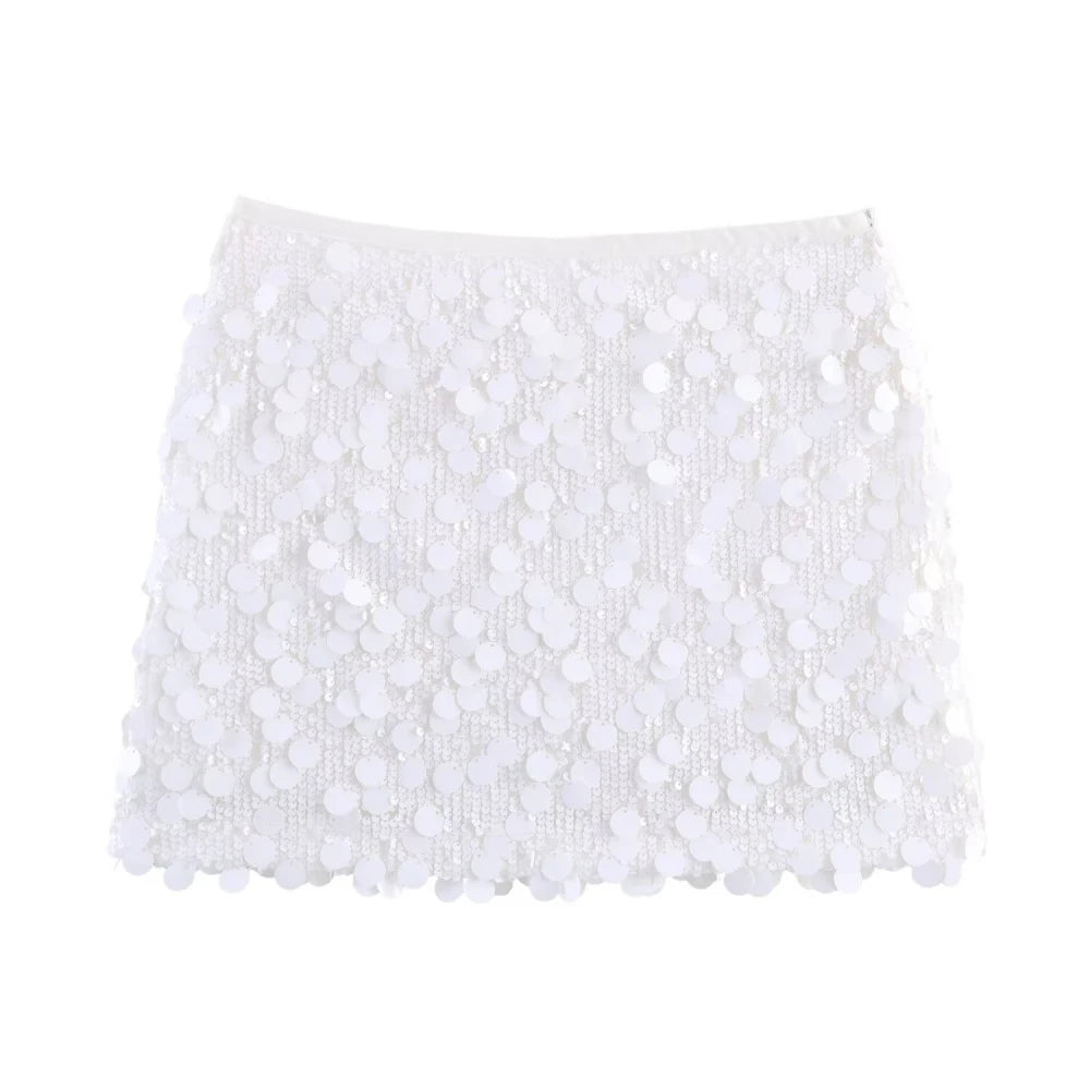 HLJ&GG Sexy Off Shoulder Corset Vest Two Piece Sets Women Sleeveless Backless Bandage Irregular Top + Sequin Mini Skirts Outfits