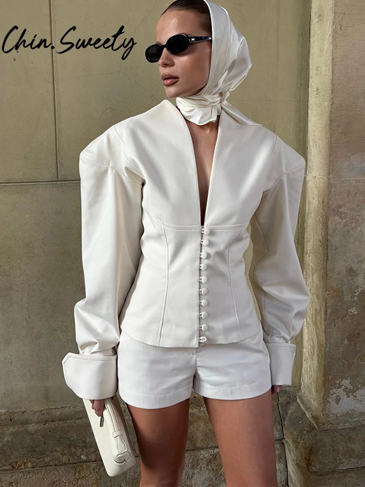 Urban White Women Blazer Coats Elegant Single Breasted V-neck Long Sleeve Female Jacket 2025 Autumn Office Lady Outwears