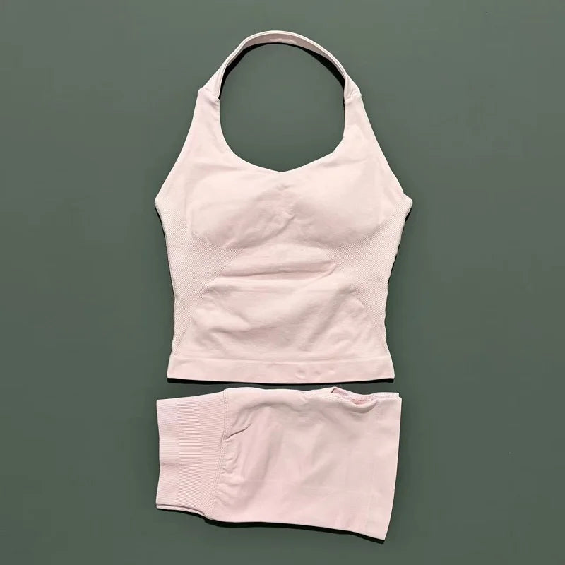 2 Pieces Sports Set Women Backless Halter Tops High Waist Seamless Hight Stretch Shorts Gym Suit Sportswear Workout Sets
