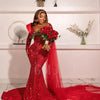 Sparkling Red Long Prom Dreses Mermaid Beaded Lace With Shawl Evening Gown Birthday Wedding Party Gala Dresses Customized