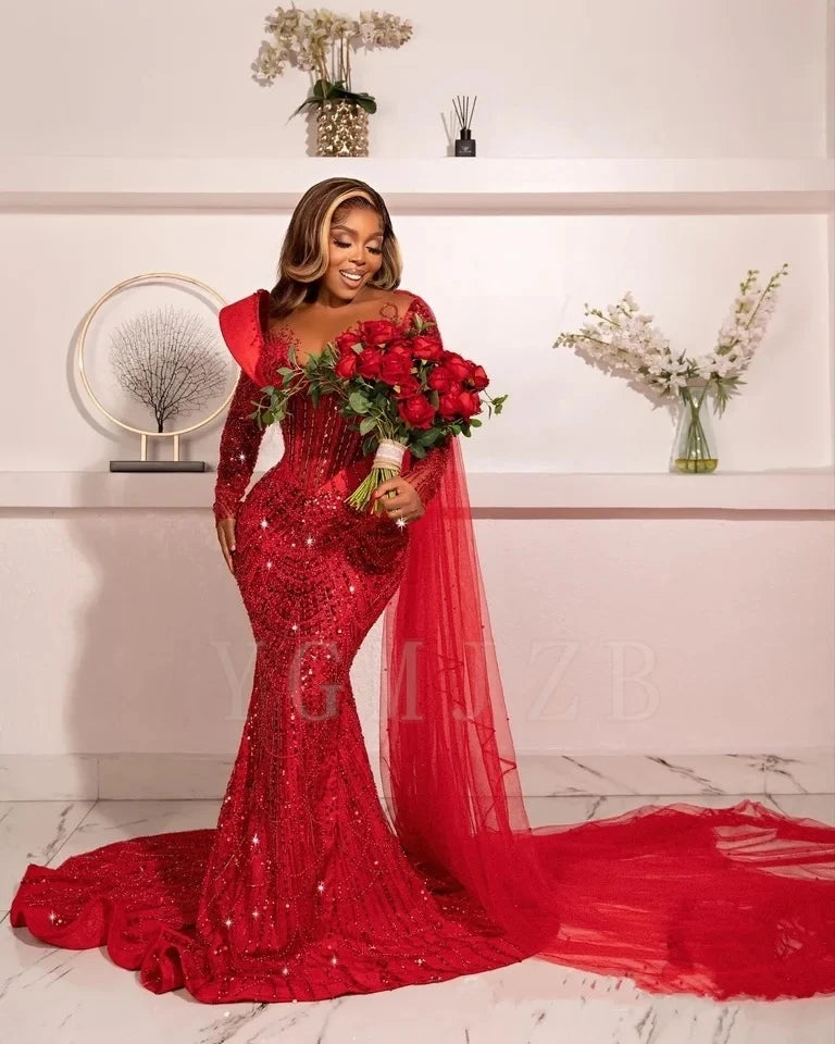 Sparkling Red Long Prom Dreses Mermaid Beaded Lace With Shawl Evening Gown Birthday Wedding Party Gala Dresses Customized